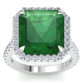 11.69 Carat Corner Cut Square Shape Zambian Emerald and Halo Diamond Ring In 14K White Gold