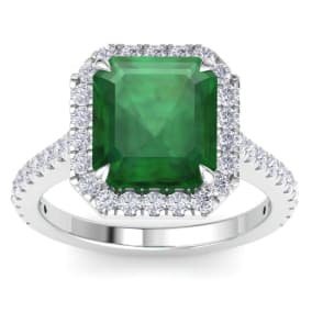 4.86 Carat Corner Cut Square Shape Zambian Emerald and Halo Diamond Ring In 14K White Gold
