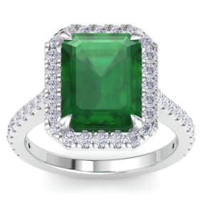 5.42 Carat Octagon Shape Zambian Emerald and Halo Diamond Ring In 14K White Gold