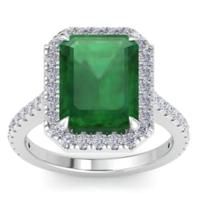 6.35 Carat Octagon Shape Zambian Emerald and Halo Diamond Ring In 14K White Gold