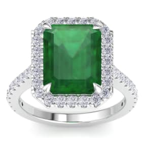 6.83 Carat Octagon Shape Zambian Emerald and Halo Diamond Ring In 14K White Gold