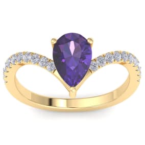 1 1/2 Carat Pear Shape Amethyst and Diamond Ring In 14K Yellow Gold