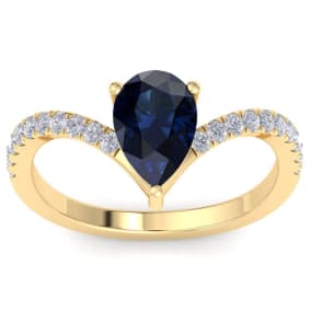 2 Carat Pear Shape Sapphire and Diamond Ring In 14K Yellow Gold