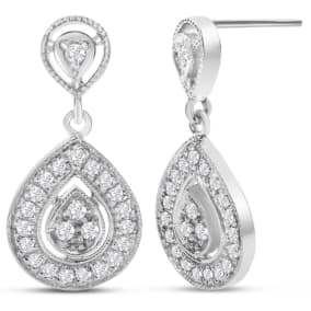 1/2 Carat Natural Diamond Drop Earrings In 14K White Gold, 1 Inch