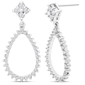 1/2 Carat Natural Diamond Drop Earrings In 14K White Gold, 1 Inch