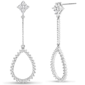1/2 Carat Natural Diamond Drop Earrings In 14K White Gold, 1 1/2 Inches