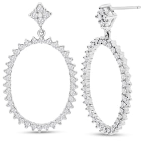 1 Carat Natural Diamond Drop Earrings In 14K White Gold, 1 1/4 Inches