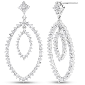 1 1/2 Carat Natural Diamond Drop Earrings In 14K White Gold, 1 1/2 Inches