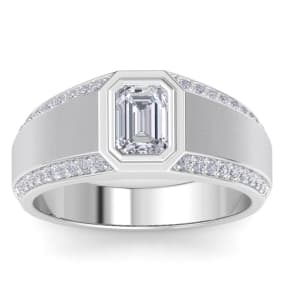1 1/2 Carat Emerald Cut Lab Grown Diamond Mens Engagement Ring In 14K White Gold