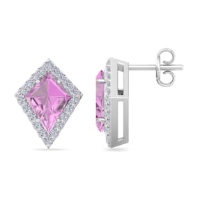 2 1/5 Carat Kite Shape Pink Topaz and Diamond Earrings In 14K White Gold