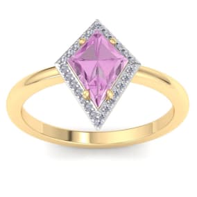 1 3/4 Carat Kite Shape Pink Topaz and Diamond Ring In 14K Yellow Gold