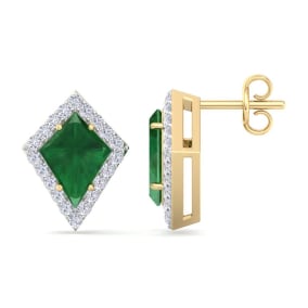2 1/5 Carat Kite Shape Emerald and Diamond Earrings In 14K Yellow Gold