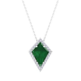 1-3/4 Carat Kite Shape Emerald Necklaces With Diamonds In 14K White Gold, 18 Inch Chain