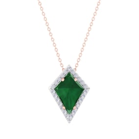 1-3/4 Carat Kite Shape Emerald Necklaces With Diamonds In 14K Rose Gold, 18 Inch Chain