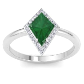 1 3/4 Carat Kite Shape Emerald and Diamond Ring In 14K White Gold