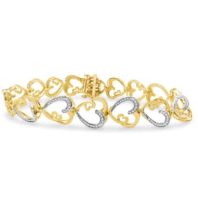1/10 Carat Diamond Heart Bracelet In 14K Yellow Gold Over Sterling Silver, 7 Inches