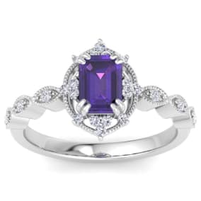 1 Carat Amethyst and Halo Diamond Ring In 14K White Gold