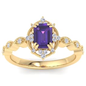 1 Carat Amethyst and Halo Diamond Ring In 14K Yellow Gold