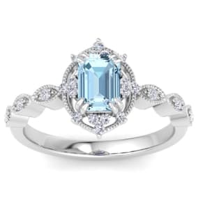 1 Carat Aquamarine and Halo Diamond Ring In 14K White Gold