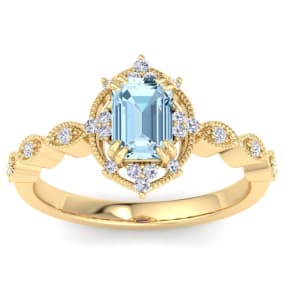 1 Carat Aquamarine and Halo Diamond Ring In 14K Yellow Gold