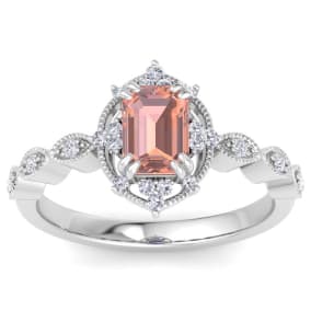 1 Carat Morganite and Halo Diamond Ring In 14K White Gold