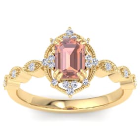 1 Carat Morganite and Halo Diamond Ring In 14K Yellow Gold