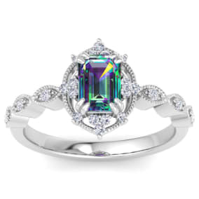 1 Carat Octagon Shape Mystic Topaz Ring With Diamond Halo In 14 Karat White Gold