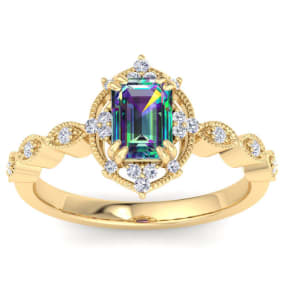 1 Carat Octagon Shape Mystic Topaz Ring With Diamond Halo In 14 Karat Yellow Gold