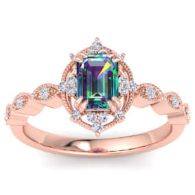 1 Carat Octagon Shape Mystic Topaz Ring With Diamond Halo In 14 Karat Rose Gold