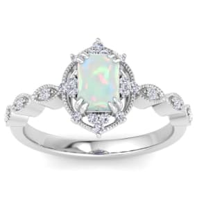 1 Carat Opal and Halo Diamond Ring In 14K White Gold