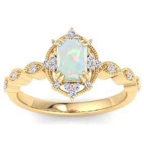 1 Carat Opal and Halo Diamond Ring In 14K Yellow Gold