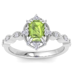 1 Carat Peridot and Halo Diamond Ring In 14K White Gold