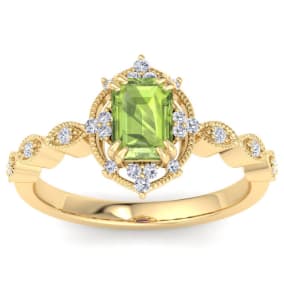 1 Carat Peridot and Halo Diamond Ring In 14K Yellow Gold