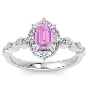 1 Carat Pink Topaz and Halo Diamond Ring In 14K White Gold