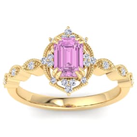 1 Carat Pink Topaz and Halo Diamond Ring In 14K Yellow Gold