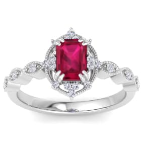 1 Carat Ruby and Halo Diamond Ring In 14K White Gold
