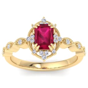 1 Carat Ruby and Halo Diamond Ring In 14K Yellow Gold