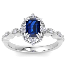 1 Carat Sapphire and Halo Diamond Ring In 14K White Gold