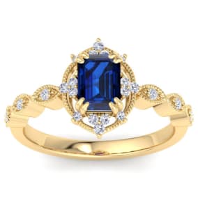 1 Carat Sapphire and Halo Diamond Ring In 14K Yellow Gold