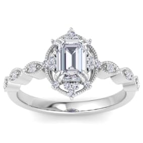 1 Carat Octagon Shape Halo Diamond Engagement Ring In 14K White Gold