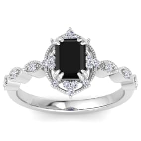 1 Carat Octagon Shape Black Diamond Engagement Ring In 14K White Gold