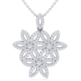 1 Carat Natural Diamond Flower Statement Necklace In 14 Karat White Gold, 18 Inches