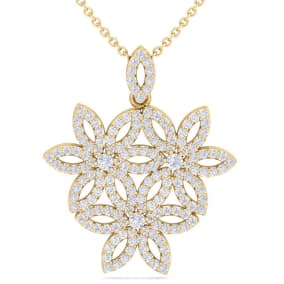 1 Carat Natural Diamond Flower Statement Necklace In 14 Karat Yellow Gold, 18 Inches