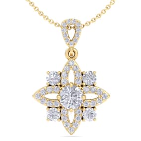 1 1/4 Carat Natural Diamond Flower Statement Necklace In 14 Karat Yellow Gold, 18 Inches