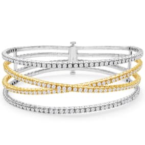 4 1/3 Carat Natural Diamond Flexible Bangle Bracelet In 14K Two Tone Gold, 7 Inches