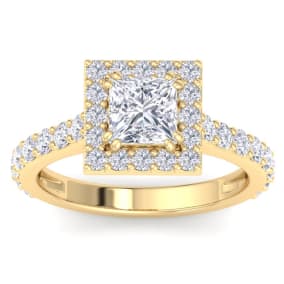 2 Carat Princess Cut Lab Grown Diamond Halo Engagement Ring In 14K Yellow Gold