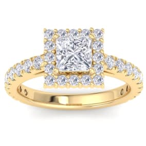 2 Carat Princess Cut Lab Grown Diamond Square Halo Engagement Ring In 14K Yellow Gold