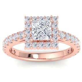 2 Carat Princess Cut Lab Grown Diamond Square Halo Engagement Ring In 14K Rose Gold