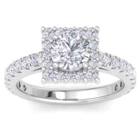 2 Carat Round Lab Grown Diamond Square Halo Engagement Ring In 14K White Gold