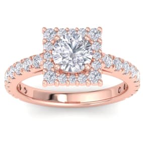 2 Carat Round Lab Grown Diamond Square Halo Engagement Ring In 14K Rose Gold